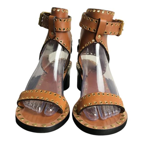 Isabel Marant Jaeryn Grommet Sandals Womens Sz 10 Brn Leather Studded block heel - Picture 1 of 7